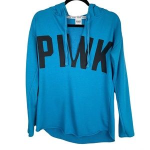PINK Victoria’s Secret Blue V Cutout Pullover Hoodie Sz Small Raw Hem Oversized